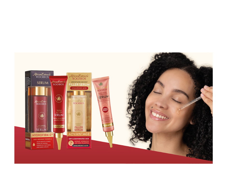 Geniet serums met African Extracts-rooibosvelsorg wat jou vel red